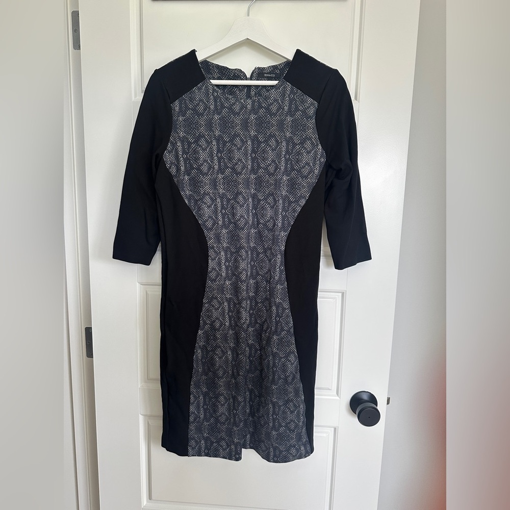RW&CO. Black and Blue Sheath Dress with Crew Neck